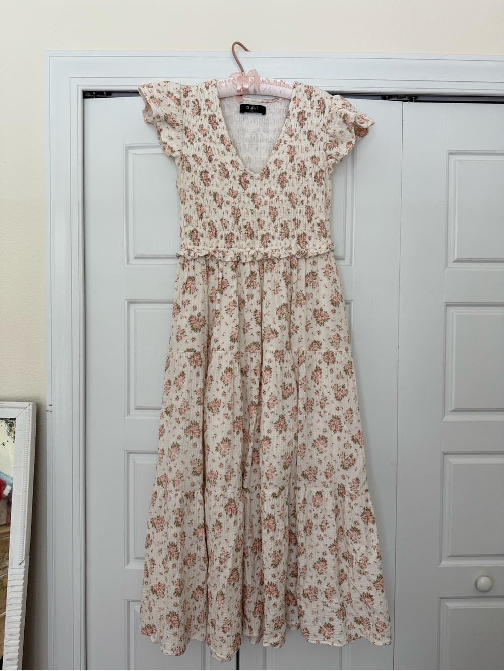 O.P.T Cream Floral V-Neck Midi Dress with Flutter Sleeves